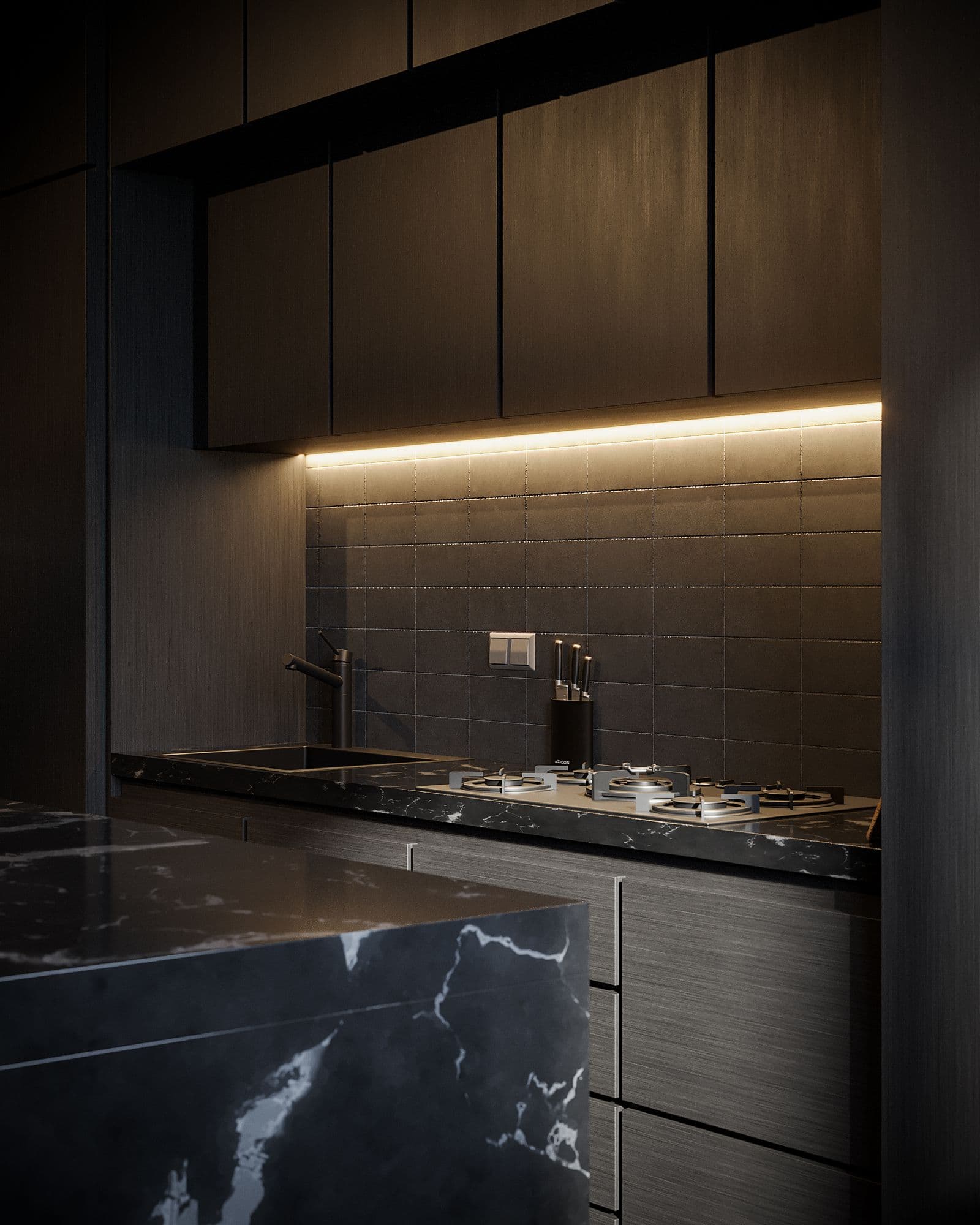 Modern kitchen with stainless appliances inside a SkyHigh residence